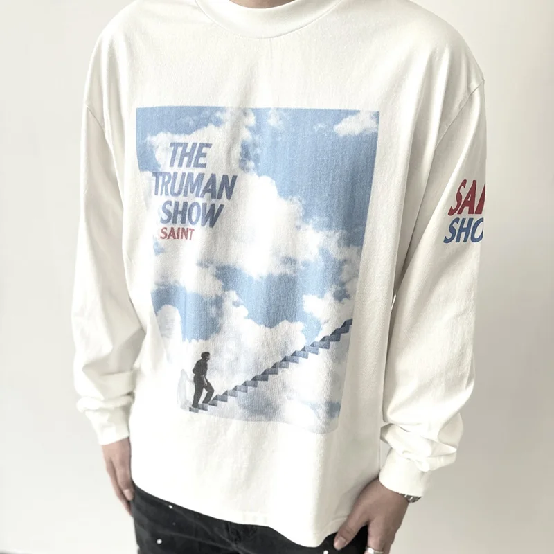 

Best Quality Sky Ladder Digital Printing Saint Long Sleeve T Shirt Men Woman Unisex Vintage White 280GSM Cotton Base T Shirt Top