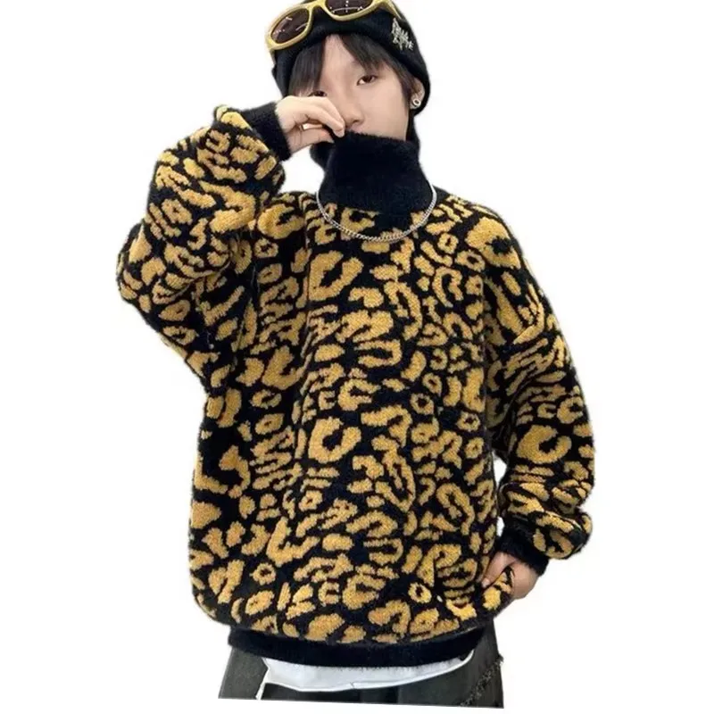 

Fall Winter Kids Leopard Print Sweater For Boys Trendy High Street Wear High Neck Knitted Outerwear Child Turtleneck Knitwear