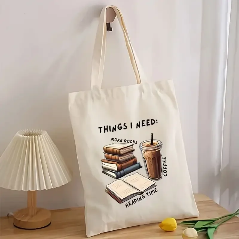 

1pc Simple Book Print Women'S Canvas Handbag Casual And Fashionable Shopping Bag, Commuting And Travel Handbag Classic Handbag