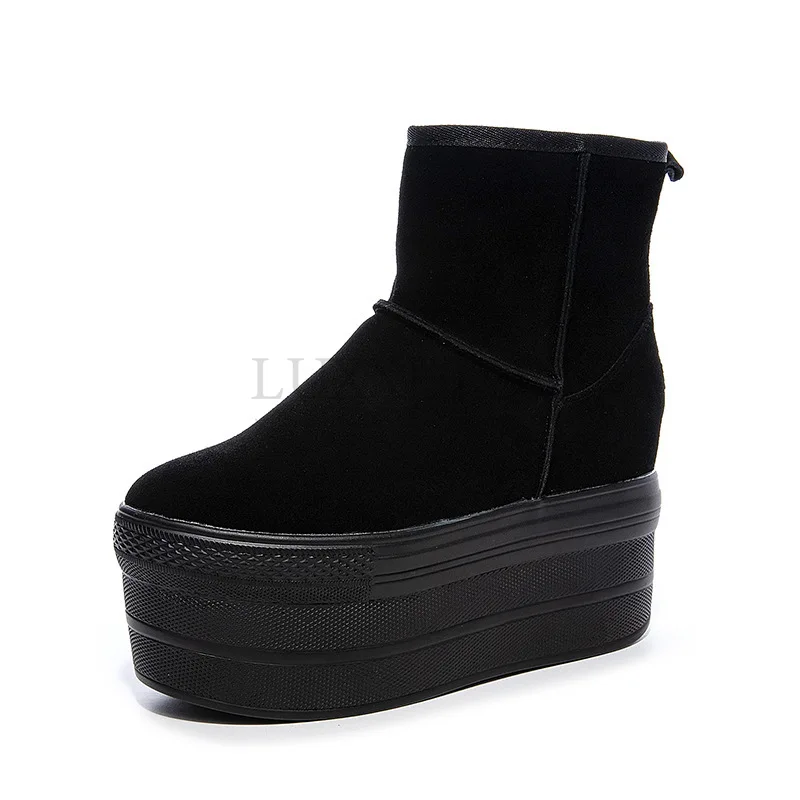 Platform Woman Ankle Boots Thick Heels Winter Suede Round Toe Shoes Wedge High Heels Black Zipper Female Boots for Workers