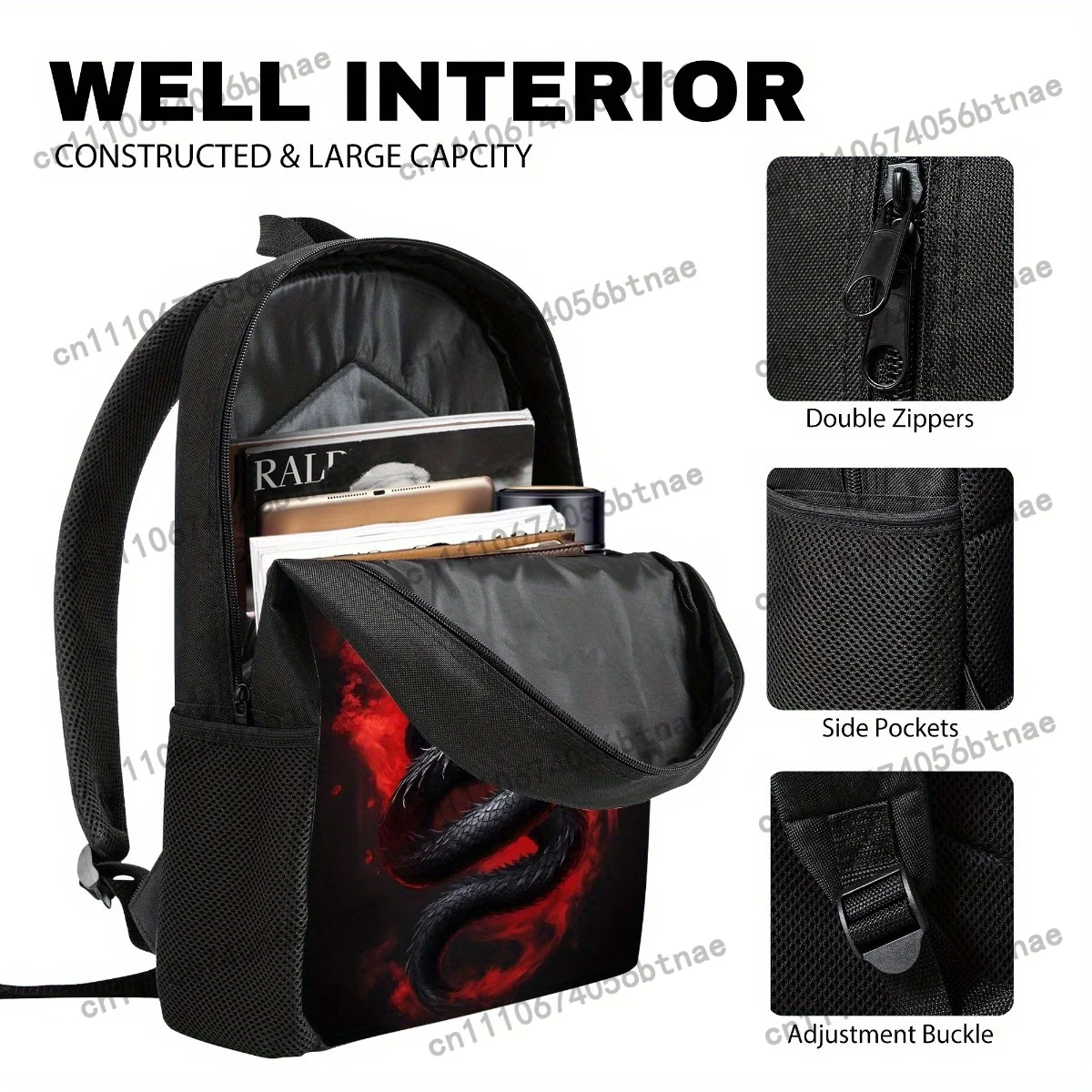Black Dragon Themed Backpack Set 3pcs, Full Bundle Includes Durable Large-Capacity Bookpack & Insulated LunchBox & Versatile Org view 4
