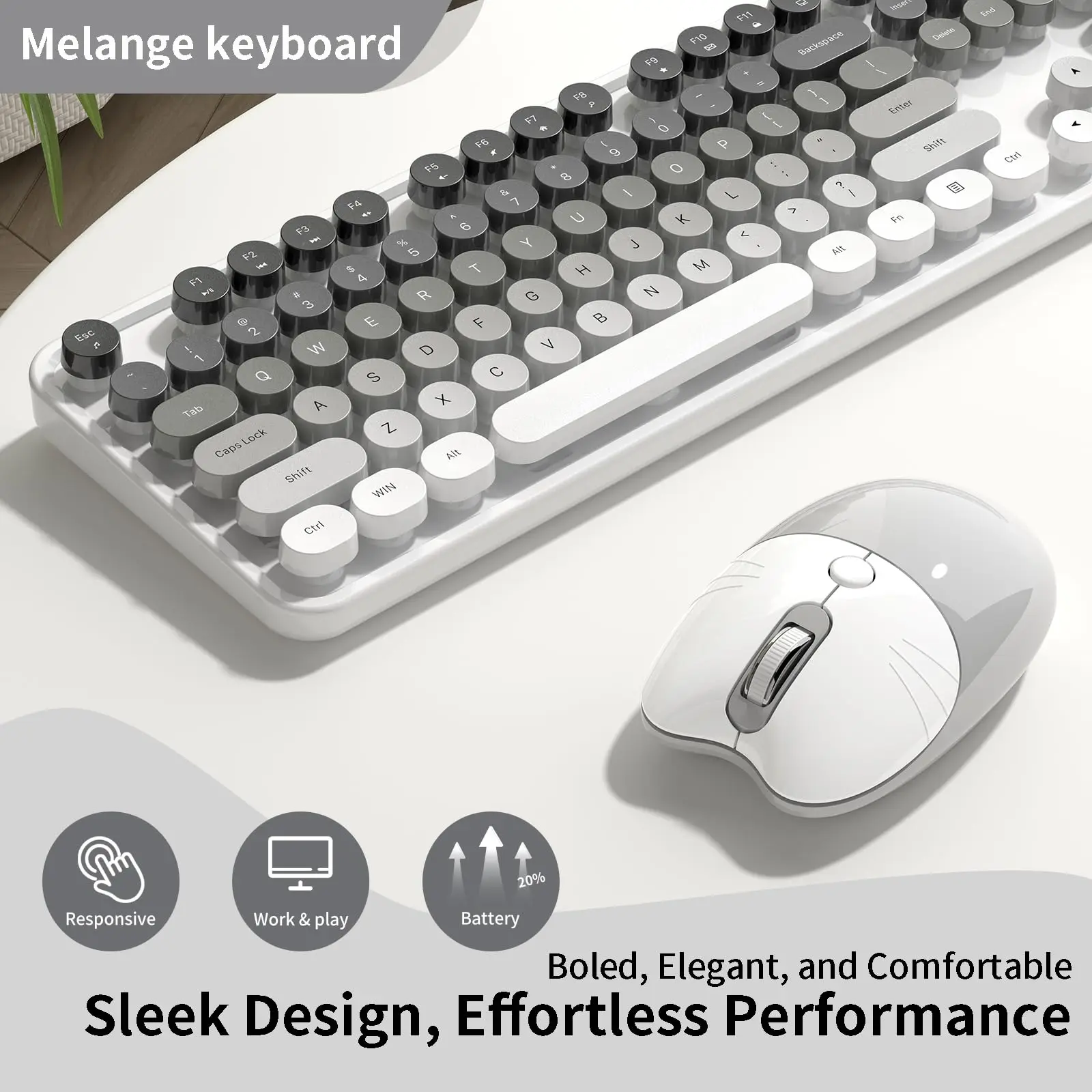MOFii Sweet Gradient Grey Retro Round Keycaps Wireless Bluetooth Dual Mode Rechargeable Keyboard Mouse Combo, US QWERTY Layout