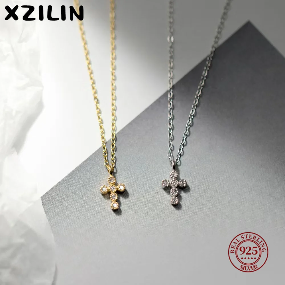 

XZiLin Mini Inlay Zircon Cross Pendant S925 Sterling Silver Necklace for Women Exquisite Sweet Wedding Party Jewelry Accessories