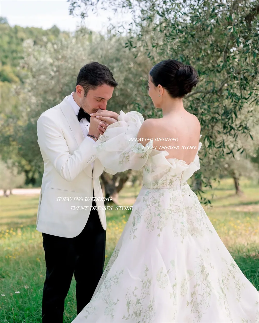 Robe de mariée en Organza imprimé floral, épaules dénudées, manches longues, traîne longue, robe de soirée de mariage personnalisée