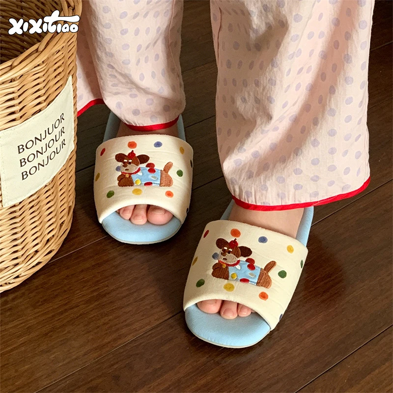 XIXITIAO Women Bedroom Falt Slipper Fashion Four Seasons Cute Puppy Indoor Non-slip Comfy Light Soft Couple Causal Opentoe Shoes