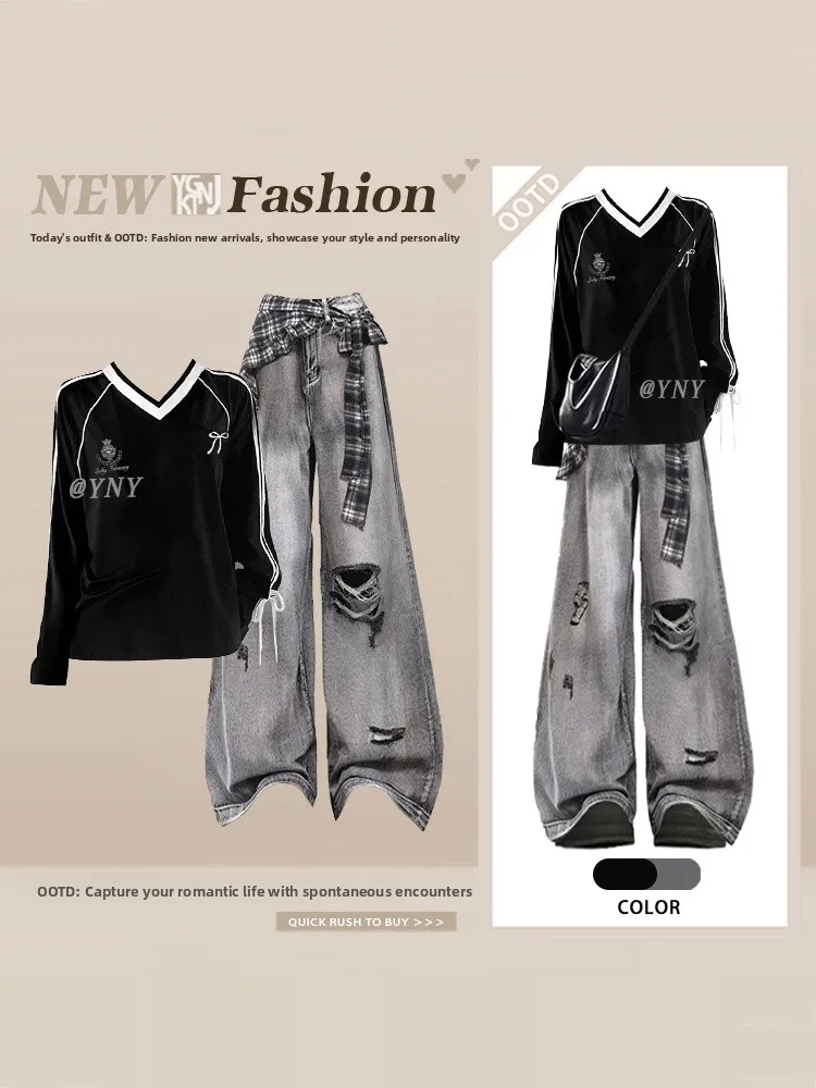 

Американские повседневные женские джинсы с высокой талией и широкими штанинами, футболка с V-образным вырезом, с длинным рукавом, с поясом, с дырками, весенние, антивозрастные, в уличном стиле