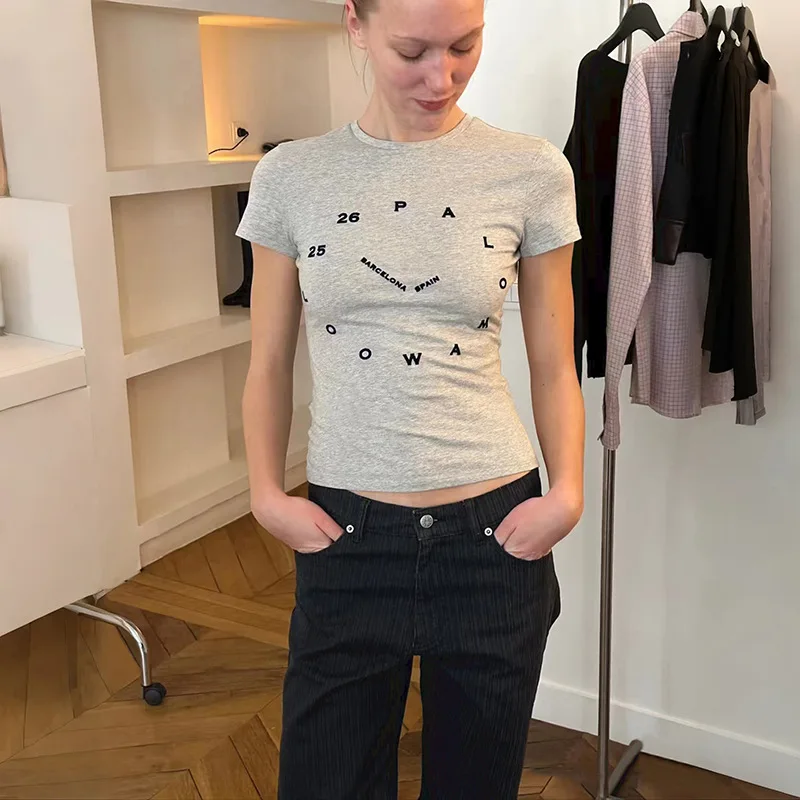 Trendy 2026 Summer Flocking Clock Print Round Neck Stretch Slim Fit T-Shirt