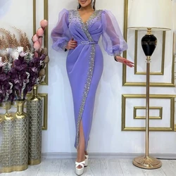 Flechazo V-Neck Sheath Ankle Length Evening Dress with Beading and Belt Illusion Lantern Long Sleeves Women Party Banquet Gowns