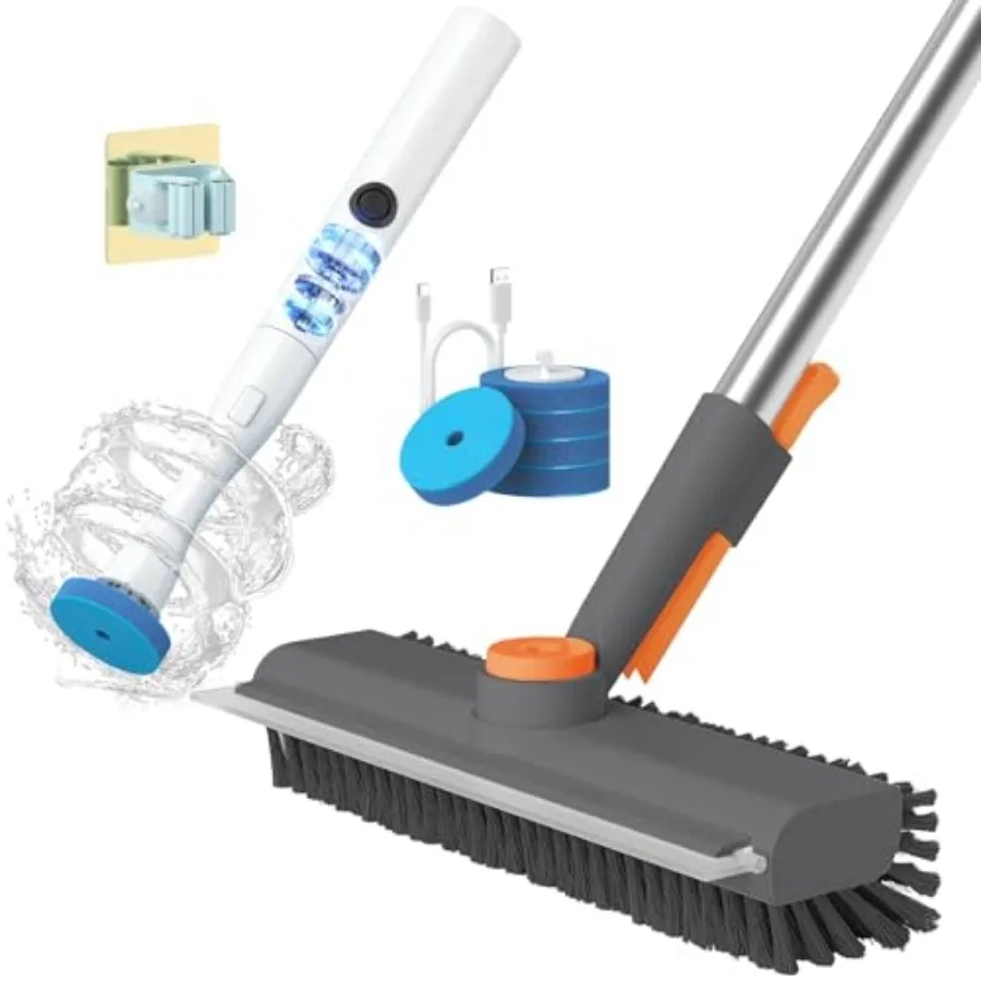 

Floor Scrub Brush with Long Handle and Electric Toilet Brush and Holder Set with 5 Disposable Refill Heads