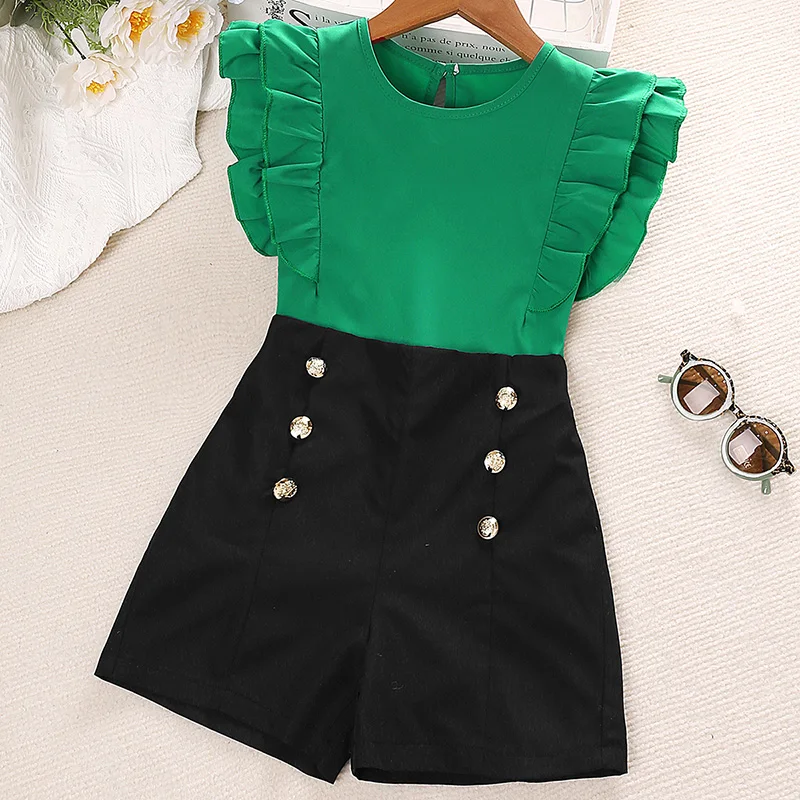 4-12Y Girls' Summer Set Round Neck Large Flutter Sleeve Solid Color Top and Metal Button Decorative Shorts Polyester Comfortable