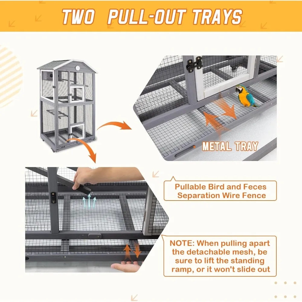 65in Outdoor Bird Aviary with Wheels,Wooden Bird Cage Indoor Finches Cage Flight cage Wire Mesh,Easy Clean Tray Perches