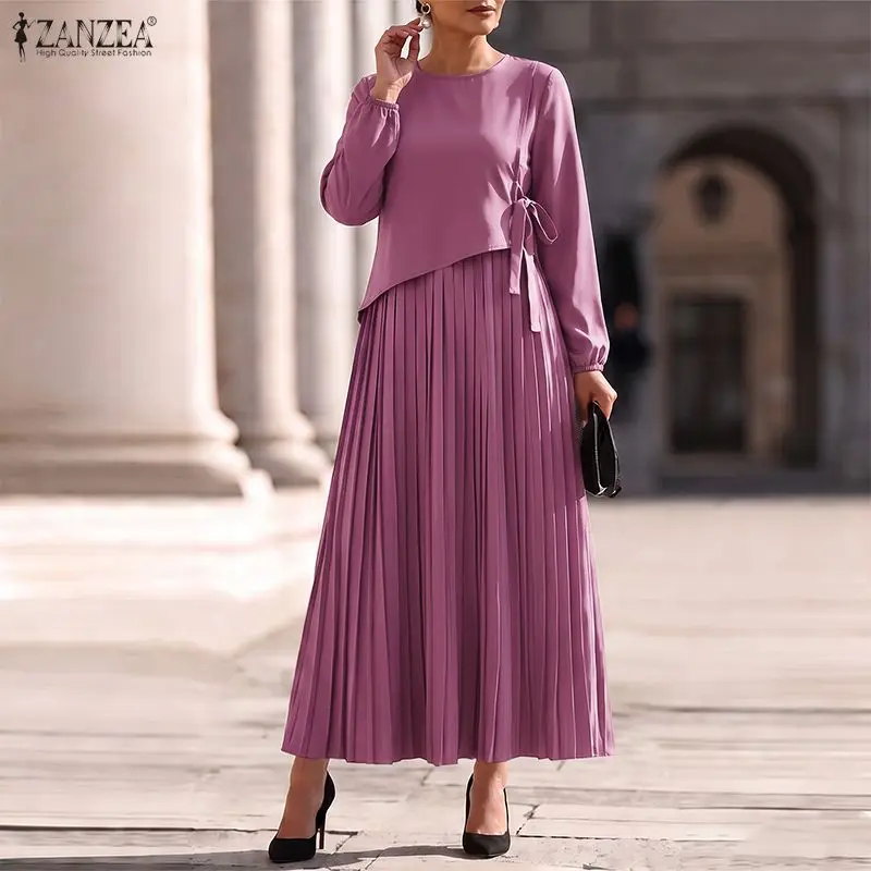 ZANZEA Plus Size Women O Neck Long Sleeve Pleated Sundress Elegant Solid Color Loose Maxi Long Dress Stylish A Line OL Work Robe