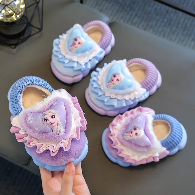 Disney Princess Elsa Frozen Slippers for Girls Winter Indoor Warmth Non slip Children's Plush Cotton Blue Purple Shoes Size 24-3