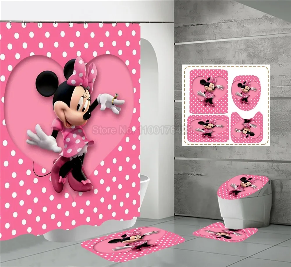 Mickey Mouse Waterproof Shower Curtain Set Toilet Cover Mat Nonslip Bath Rugs Bathroom Valentine\'s Day Christmas Decor