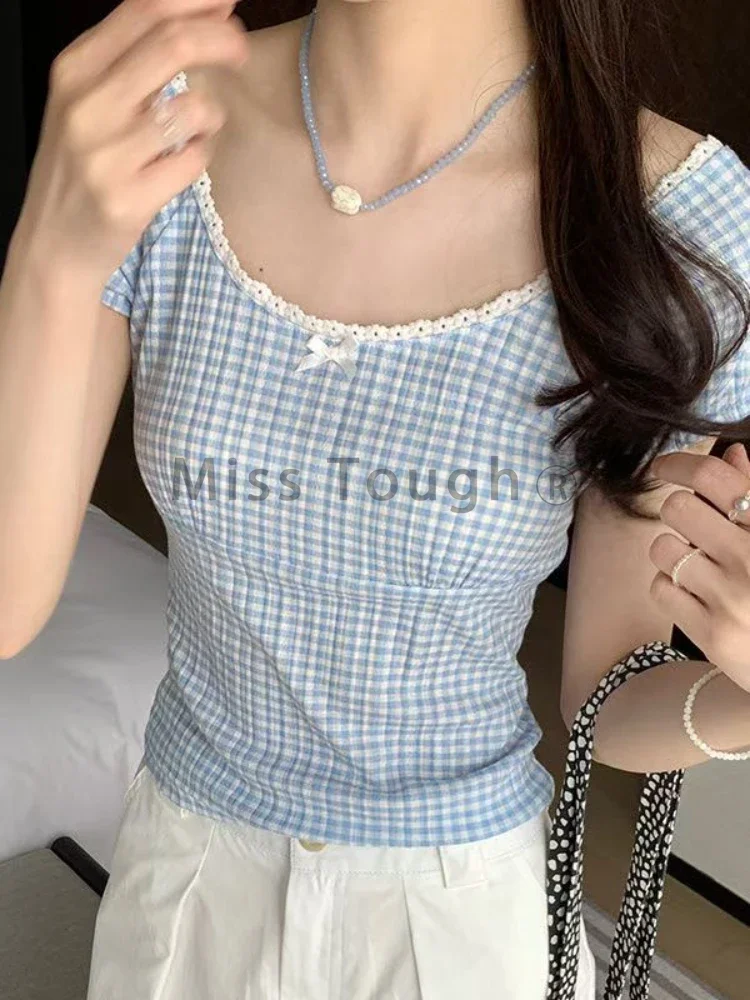 France Vintage Plaid Slim O Neck T Shirts Women Hepburn Gothic Bow Short Sleeve T Shirt Female Summer Casual Thin Patchwork Tops