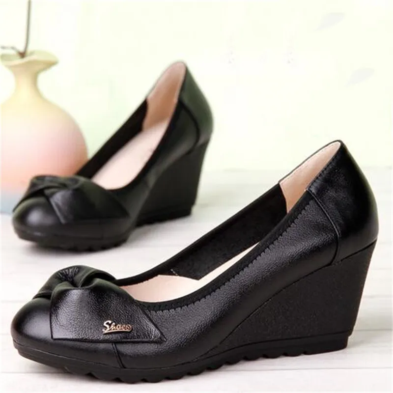 ZXRYXGS Sweet Bow Ladies Genuine Leather Shoes Wedges Comfortable Shoes 2024 Promotion New Shallow Women High Heel Shoes Black