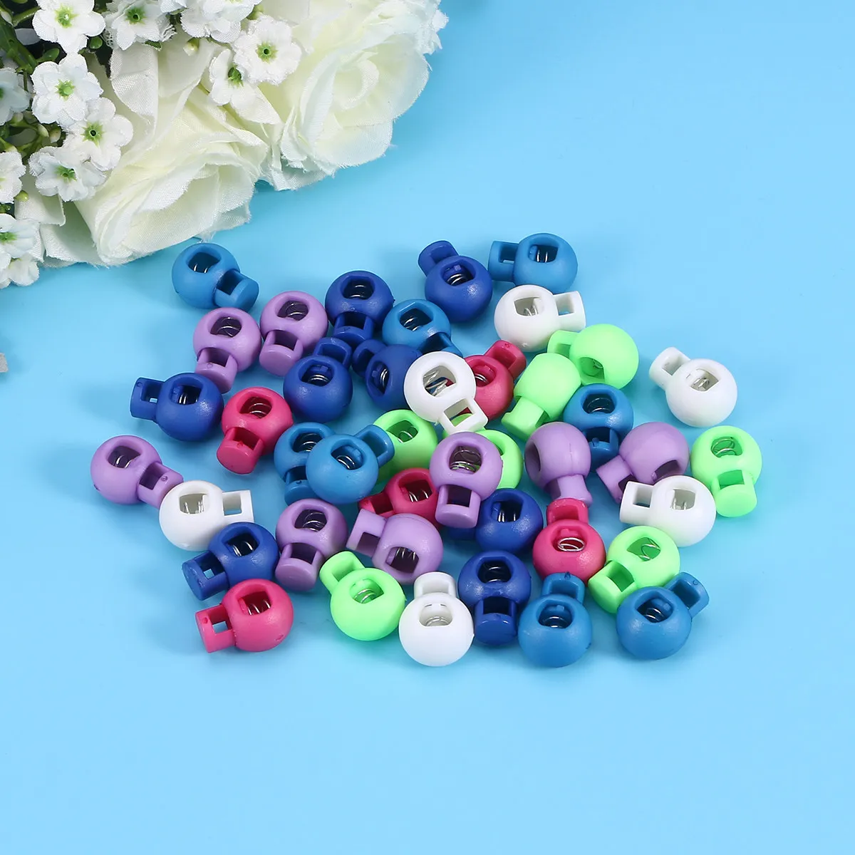 60Pcs Plastic Cord Lock Double Hole Spring Buckle Universal Drawstring Stopper for Backpack Sportswear Bags Shoelace Paracord
