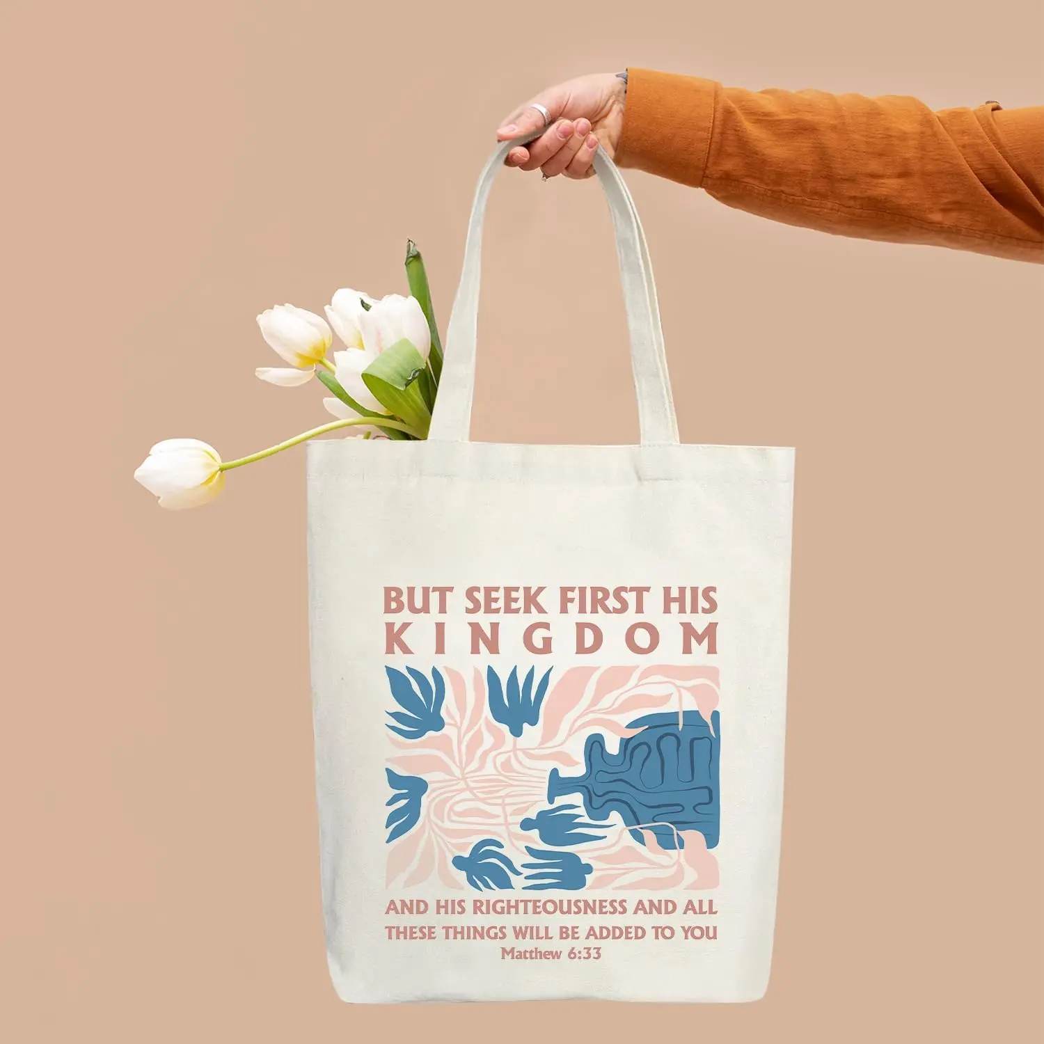 Abstract Botanical Christian Canvas Tote Bag Faith Bible Verse Print Reusable Church Shoulder Gift Bag For Women