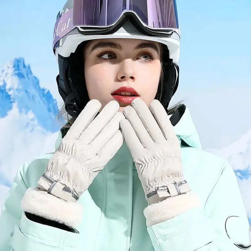 New Ski Gloves Women Winter Fleece Thickened Warm Plush Cotton Waterproof Touch-Screen Gloves For Outdoor Riding Mountaineering