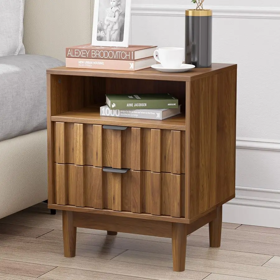 

Fluted Nightstand with 2 Drawers,19 Wide Night Stand with Solid Wood Legs,Open Storage Shelf, Mid Century Wooden Nightstands