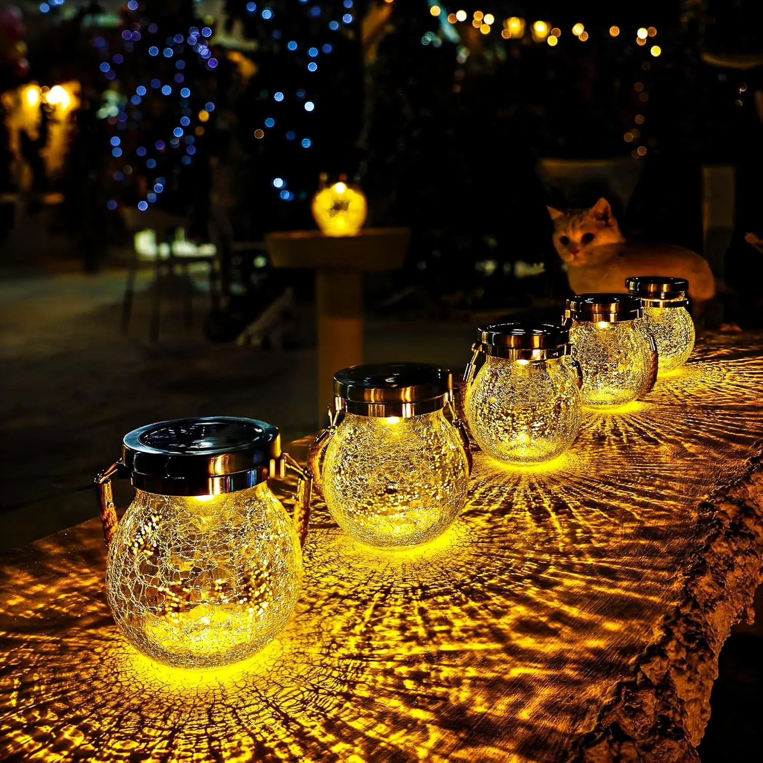 

2 Pack Heavy Crackle Glass Solar Lantern with Large Solar Panel, Waterproof Outdoor Tabletop Light, Warm White LED, Garden Chris