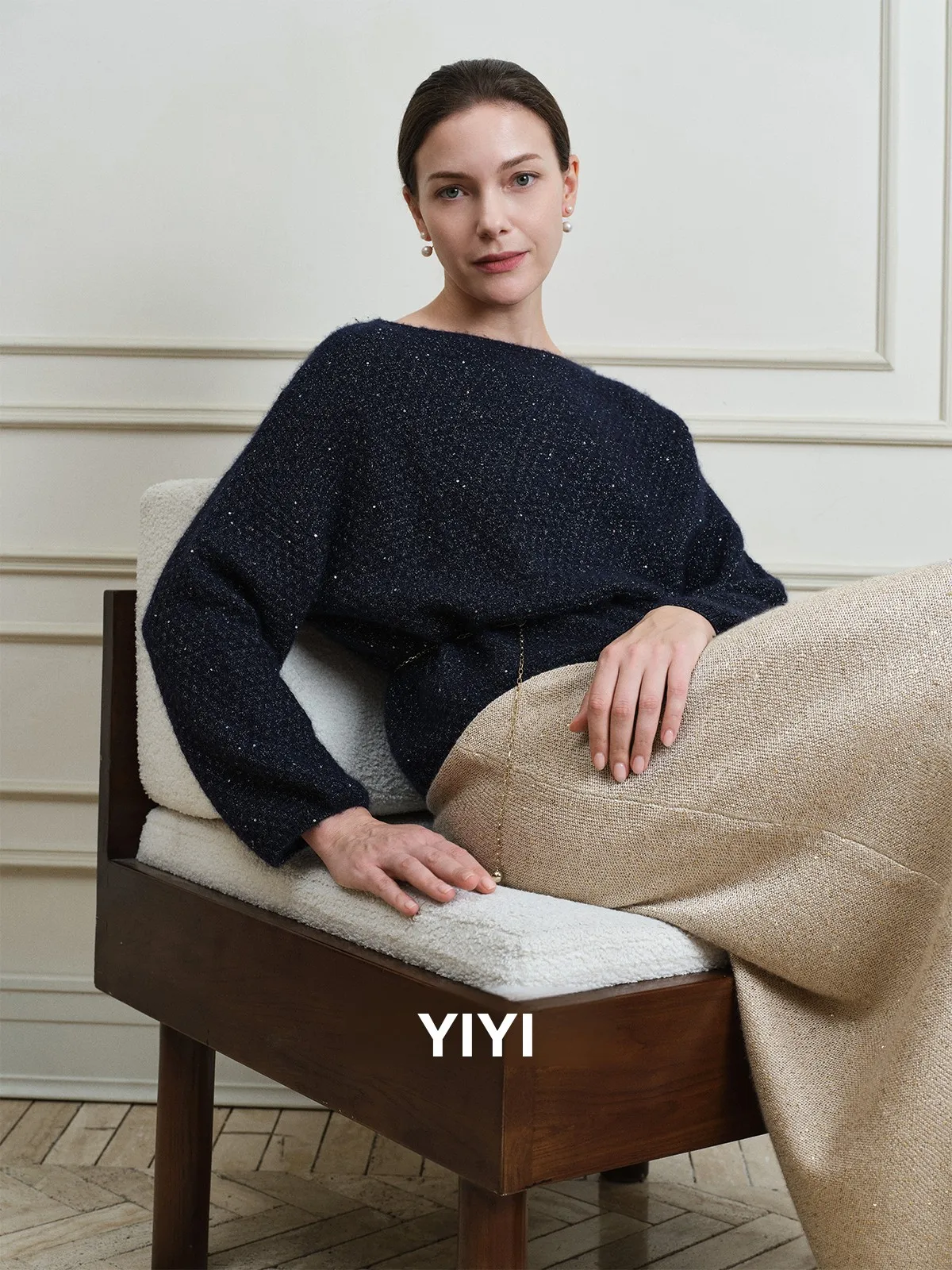 

Ele Knitted Sweater Bead Me One-oulder Overhead High-End Versatile Long Sve Warm Regular Length