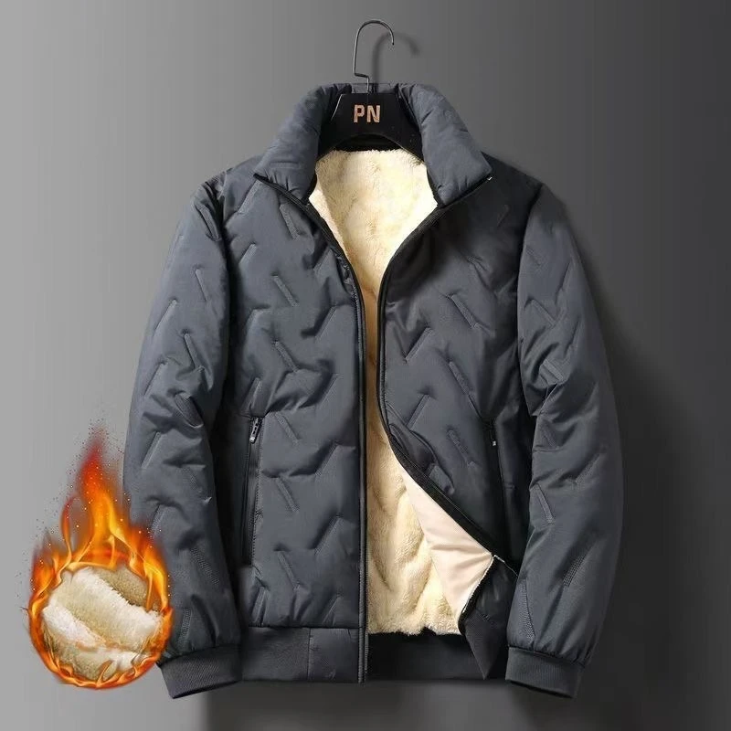 Harajuku Winter Jacket Men Thick Fleece Warm Coat Windproof Stand Collar Outerwear Loose Fit Lamb Lined Cotton Padded Fashion