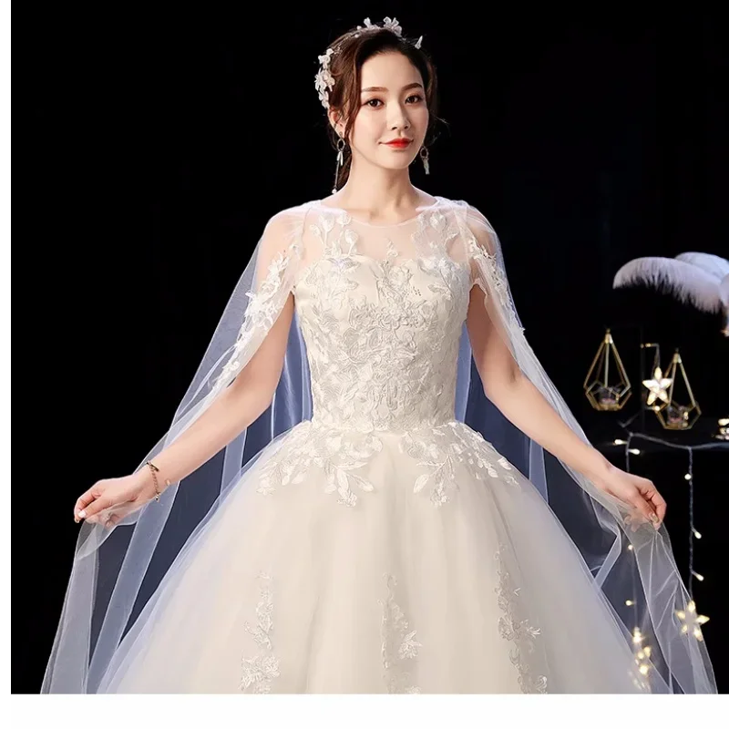 Robes de mariée simples et bon marché, grande taille, broderie en tulle blanc, col rond, en fibre de dentelle, boule de mariée traînante de princesse, quelle que soit XN002