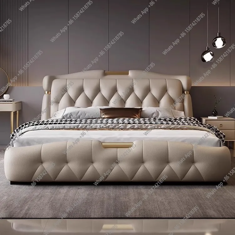 

Italian light luxury leather bed modern simple master bedroom big bed high-end storage space light luxury soft rely