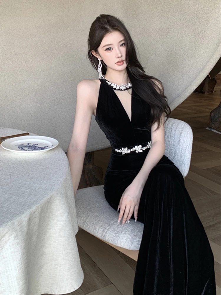 فستان سهرة رسمي مثير عتيق للنساء أنيق أسود رسن بقماش شفاف لصق ذيل السمكة رداء نسائي للحفلات فيستدوس فييستا