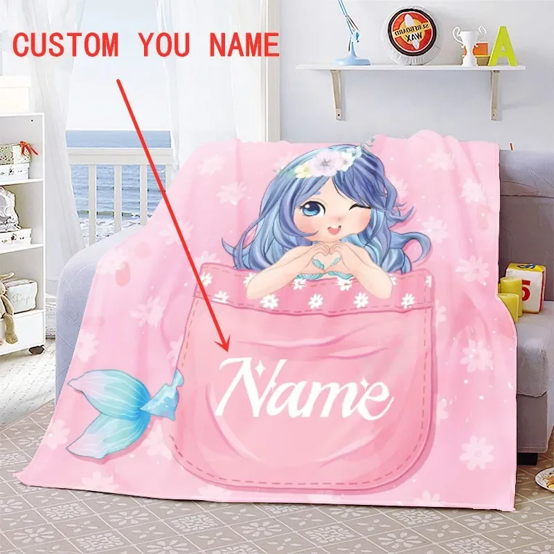 Custom Blanket Custom Name Blanket Cartoon Mermaid Girls Boys Flannel Blankets Personalized Family Friends Throw Blanket Gifts