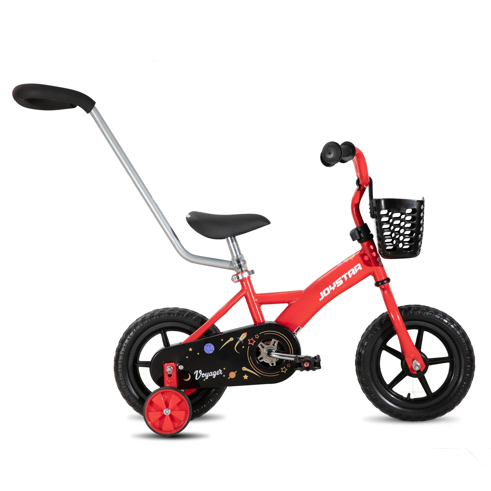 JOYSTAR 10/12 inch kinderfiets voor jongens en meisjes van 1-4 jaar, peuterfiets met zijwieltjes, afneembaar duwhandvat, rood