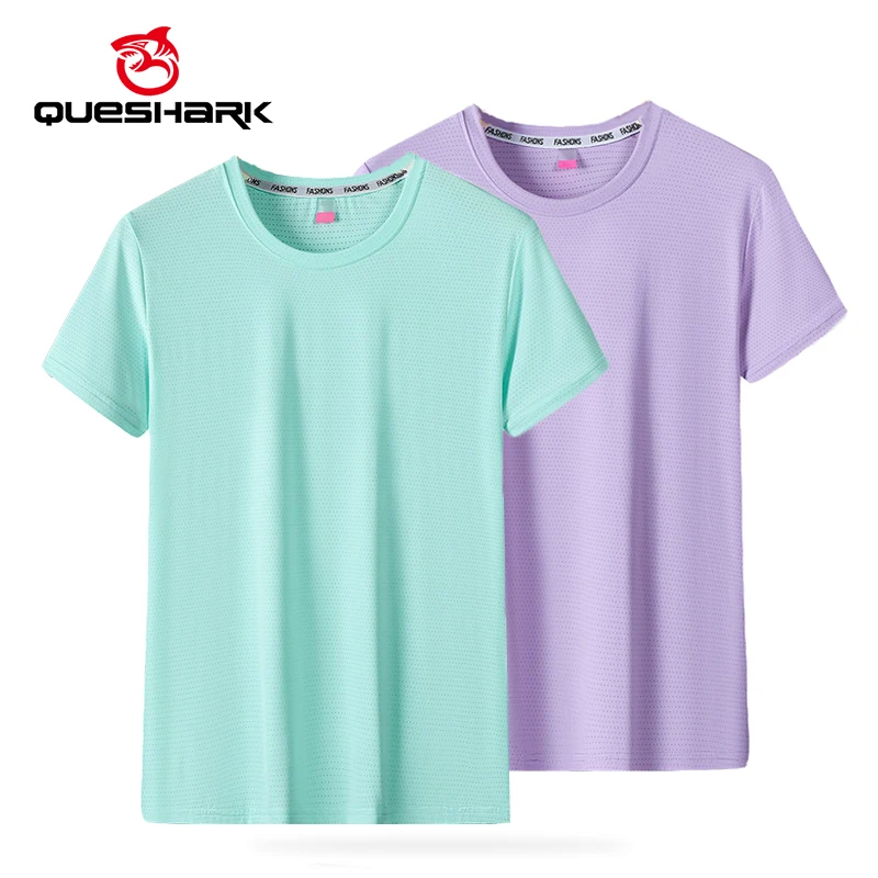 

(M-4XL)Queshark Ice Silk Quick Dry Sport T-Shirt Women Cycling Camping Hiking Round Neck Breathable Fitness Running Yoga Tops