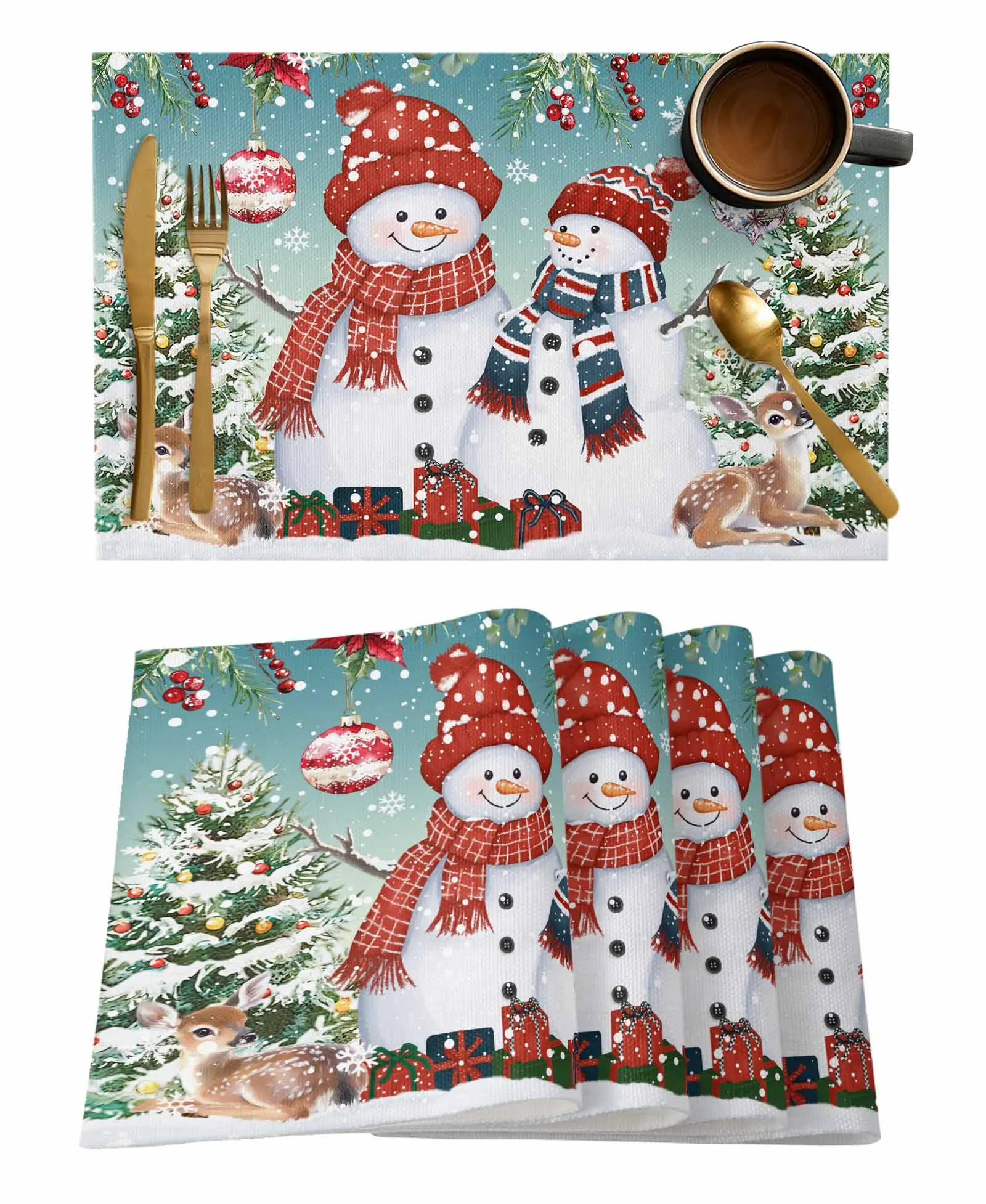 4PCS Snowman Deer Christmas Tree Ball Poinsettia Placemats Linen Dining Table Mats Coaster Bowl Cup Mat Kitchen Home Decoration