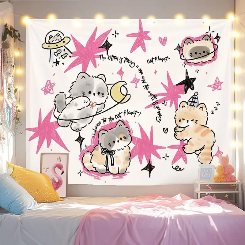 VIKAMA Pink Black Space Cat Tapestry Cartoon Planet Cat Star Background Cloth ins Dormitory Decoration Tapestry Room Decoration