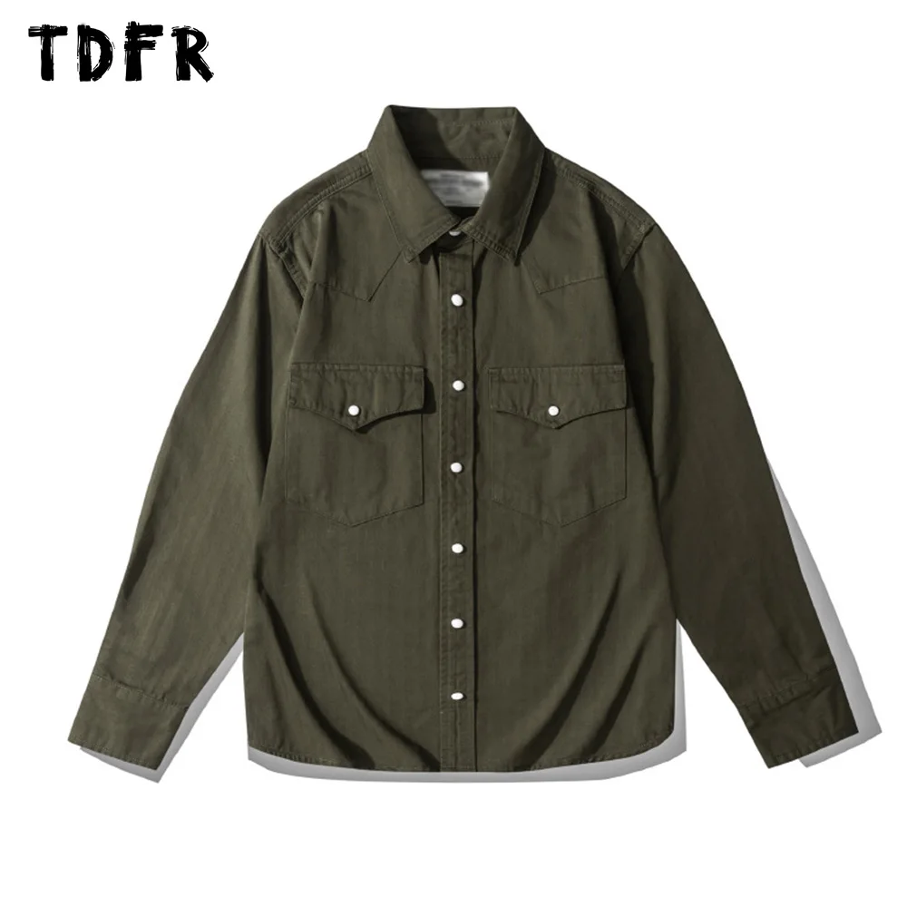 Pocket Cargo Long Sleeve Shirts Mens Solid Color Autumn Streetwear Lapel Single Breasted Curved Hem Shirts Men