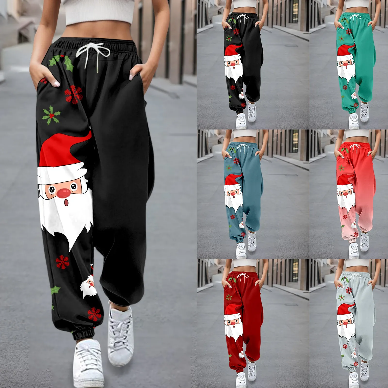 Christmas Pants Women Fashion Joggers Santa Claus 3d Print Wide Leg Pant High Waist Straight-leg Casual Trouser Sports Sweatpant