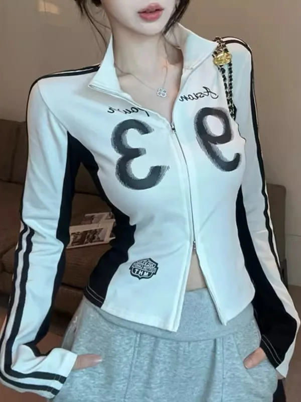 Retro americano largo Sve estampado de letras cuello alto mujer principios de otoño nuevo Sle doble cremallera Color Blo Slim Fit Jaet