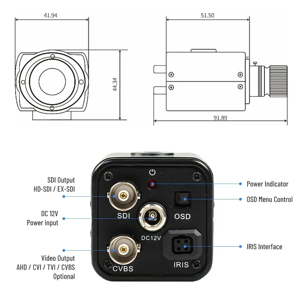 2.0MP Industrial CCTV HD-SDI EX-SDI 6 IN 1 obiettivo Zoom 1080P 2.8-12mm scatola di sicurezza Mini Broadcast SDI Camera