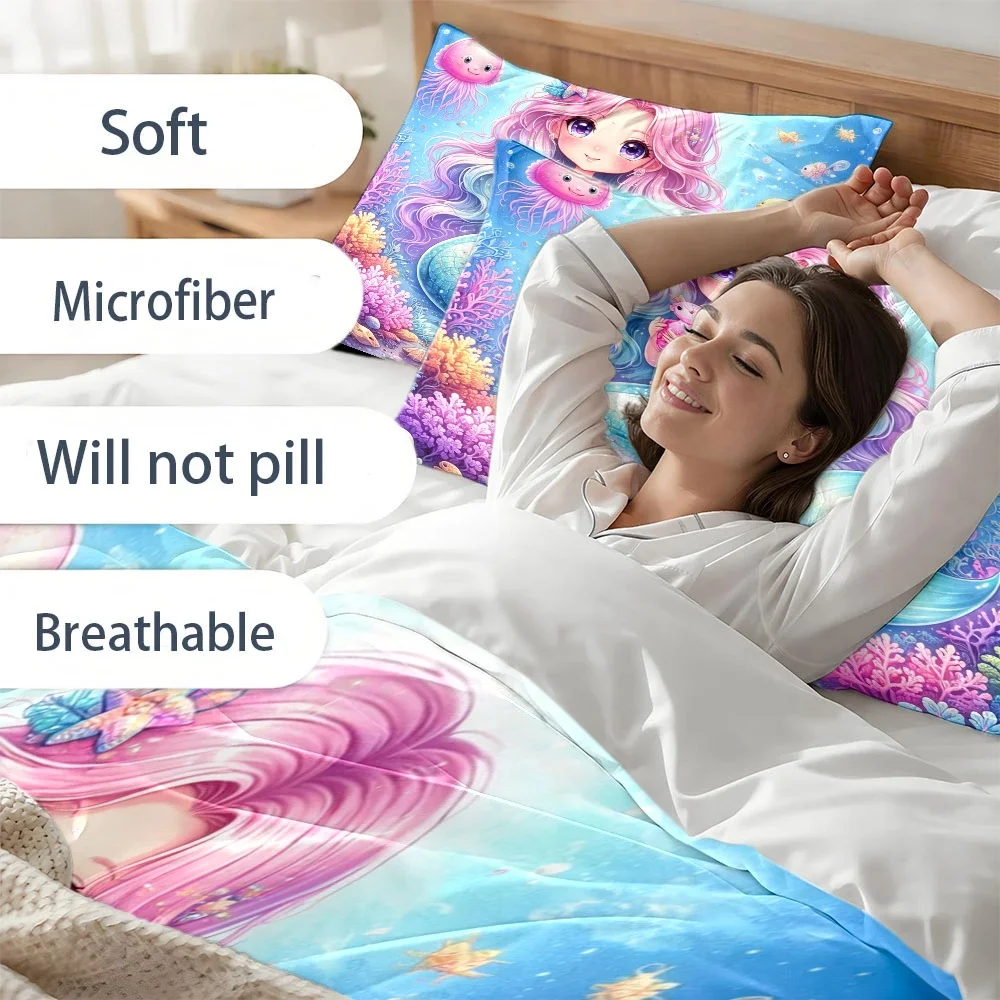 3Pc Cartoon Mermaid Bedding Set (1*Duvet Cover + 2*Pillowcases), Duvet Cover Set Suitable for All Seasons, Machine Washable, Invisible Zipper Double Bed Cover for Home, Dormitory, Master Bedroom, Guest Room, Large Duvet Cover Bedding Set, Dreamy Ocean Style Coral Jellyfish Print Bedding, Cute Mermaid Princess Bed Cover Set, Specially Designed Soft Skin-Friendly Bedding Set, Fairy Tale Style Mermaid Duvet Cover Bedding Set 2D Flat