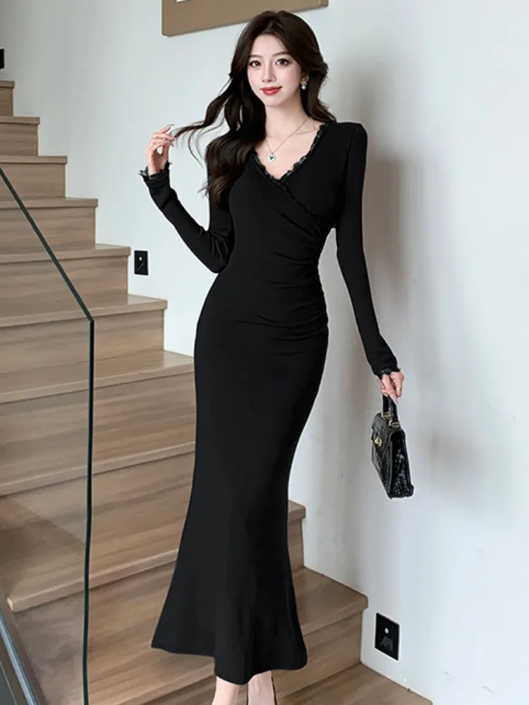 Slimming Lace Trim V-ne Fi-tail Dr Women's Autumn High-waisted Bodycon Sexy Elegance Beautiful Wraparound Skirt