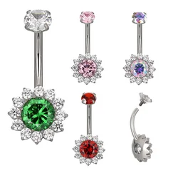 ASTM F136 Titanium PIERC Flower Belly Button Ring Navel Ring CZ Paved Top Threaded Belly Piercing Belly Button Ring Body Jewelry
