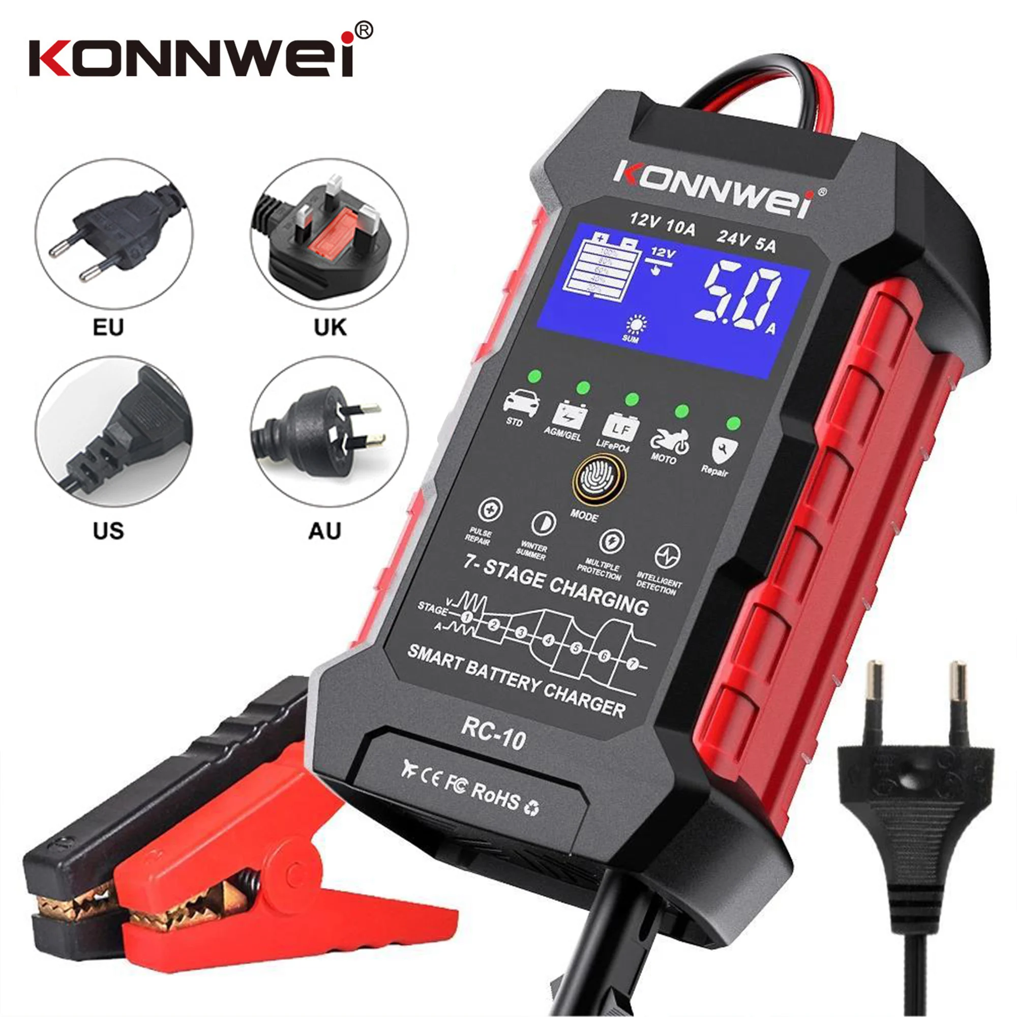 

KONNWEI RC-10 24V 5A 12V 10A Full Car Battery Charger Repair Tool Fast Charging Pulse Repair Battery Charger Lead Acid AGM Gel