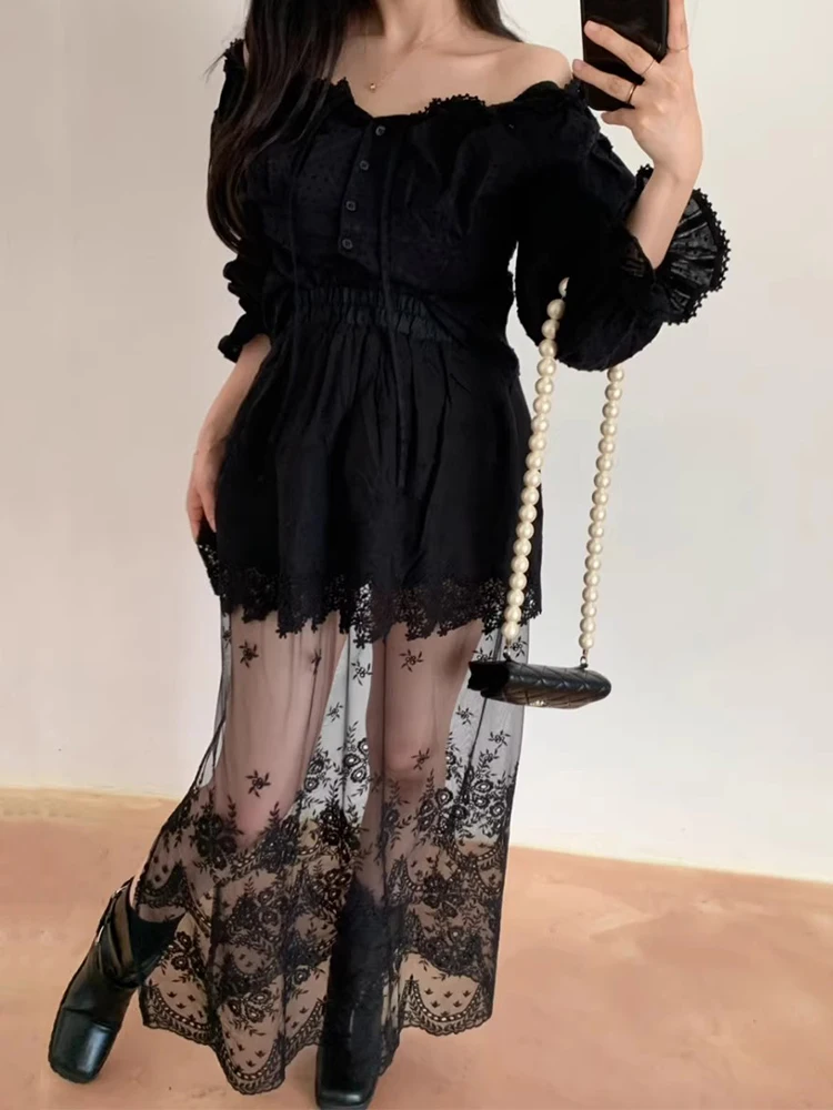 

Gagarich Korean Women Chic Summer New Retro Sexy Perspective Embroidered Hook Flower Splicing Lace Half Long Skirts