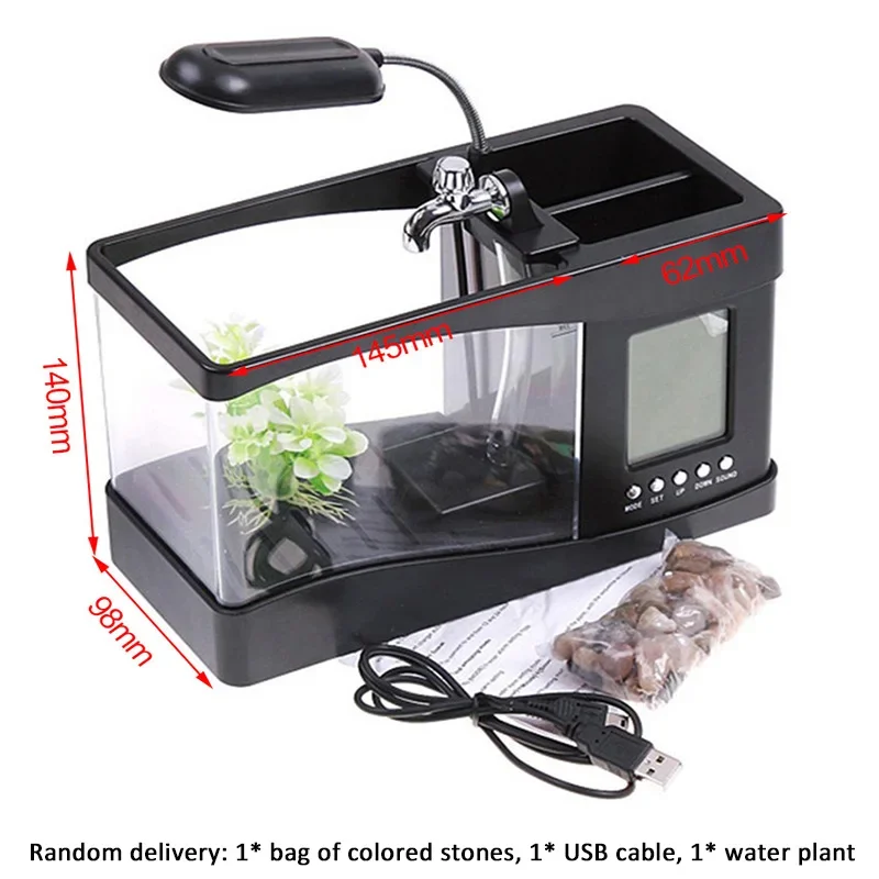 Mini Home Fish Tank USB Creative Desktop Living Room Office Desk Fish Tank Aquarium Intelligent Calendar Alarm Clock Function