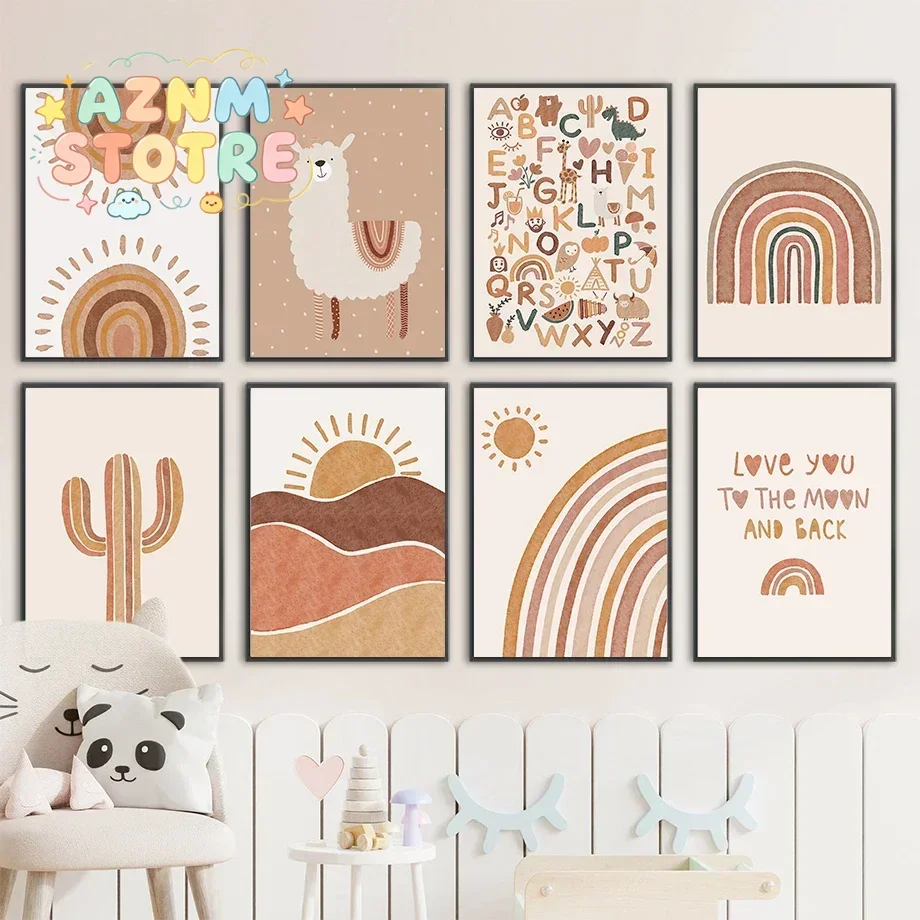 Alpaca Unicorn Sun Rainbow Cactus Nursery Wall Art Canvas Painting Nordic Posters And Prints Wall Pictures Baby Kids Room Dec