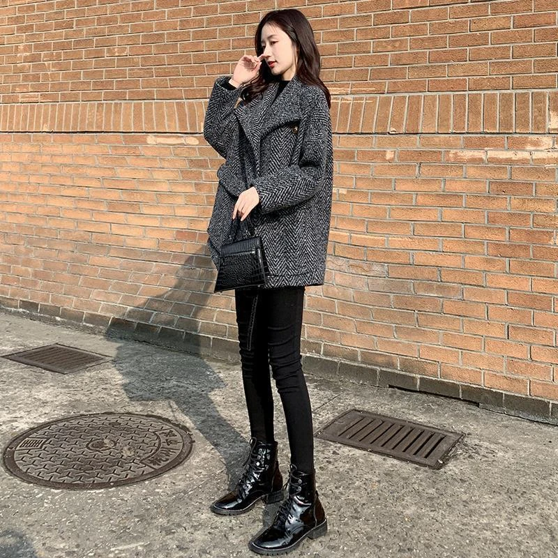 Gray Check Coats for Women Loose Wool & Blend Tweed Warm Plaid Velvet Blazer Woman Jacket Outerwears Winter Promotion Clothes