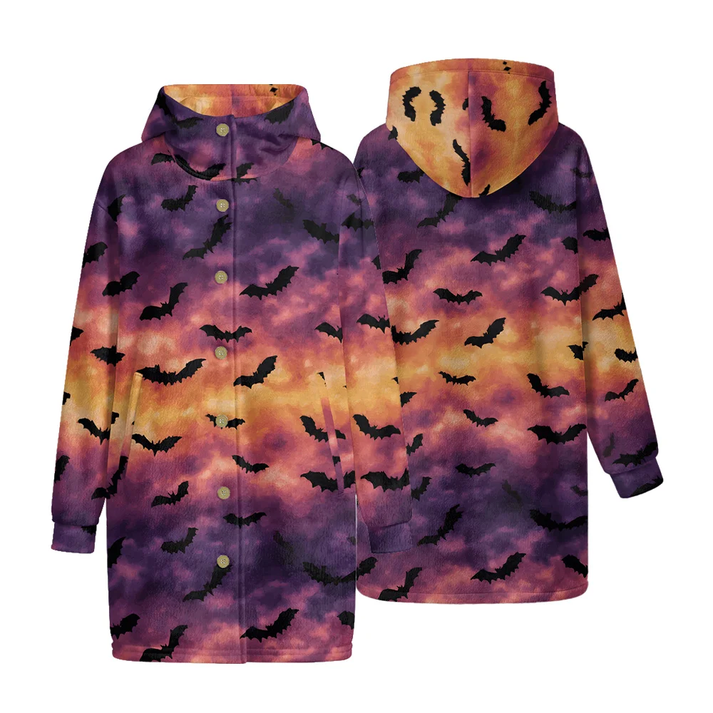 

Sunset Gradient Hoody Trench Coat Bats Print Fantasy Wear Soft Cozy Fall Jacket Pocket Unisex Graphic Halloween Themed Outerwear