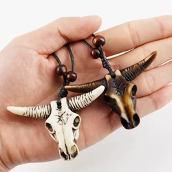 Retro Tribal Necklace Bull Skull Head Colar Gothic Resin Pendant Leather Ethnic For Men Fashion Jewelry Gift Animal Necklace