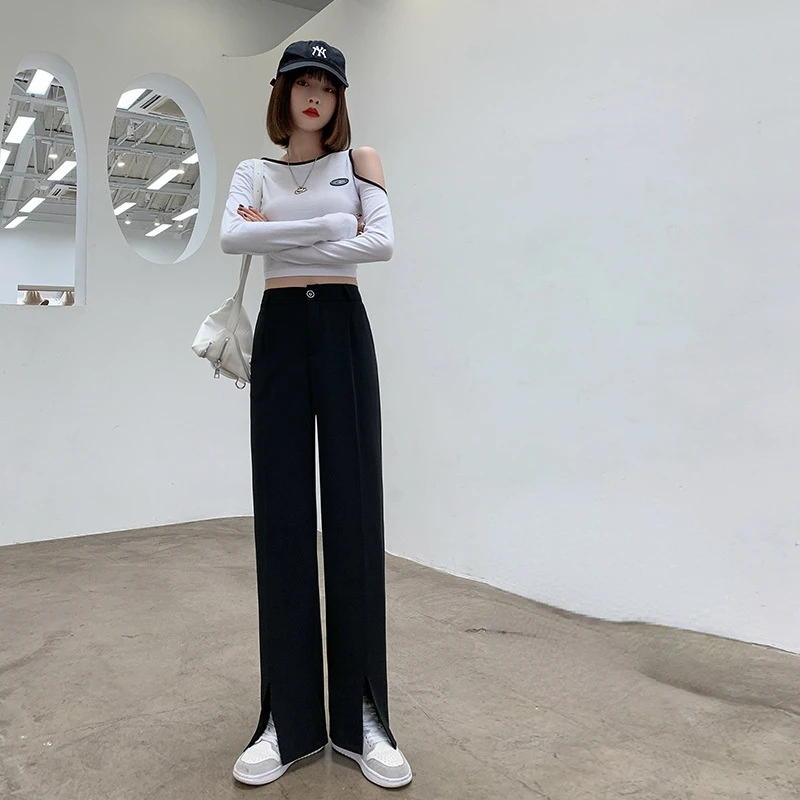 

MRMT 2024 Brand New Slit suit pants women's drape ice silk wide-leg casual thin high-waisted straight black small chiffon pants